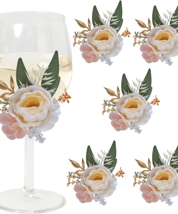 CherishedMoments 6Pcs Wine Cup Flower Set, Dining Tables, Plates Decorations，Champagne Artificial Flowers Wine Cup for Wedding Ceremony Anniversary, Wedding Home Decor (Champagne)