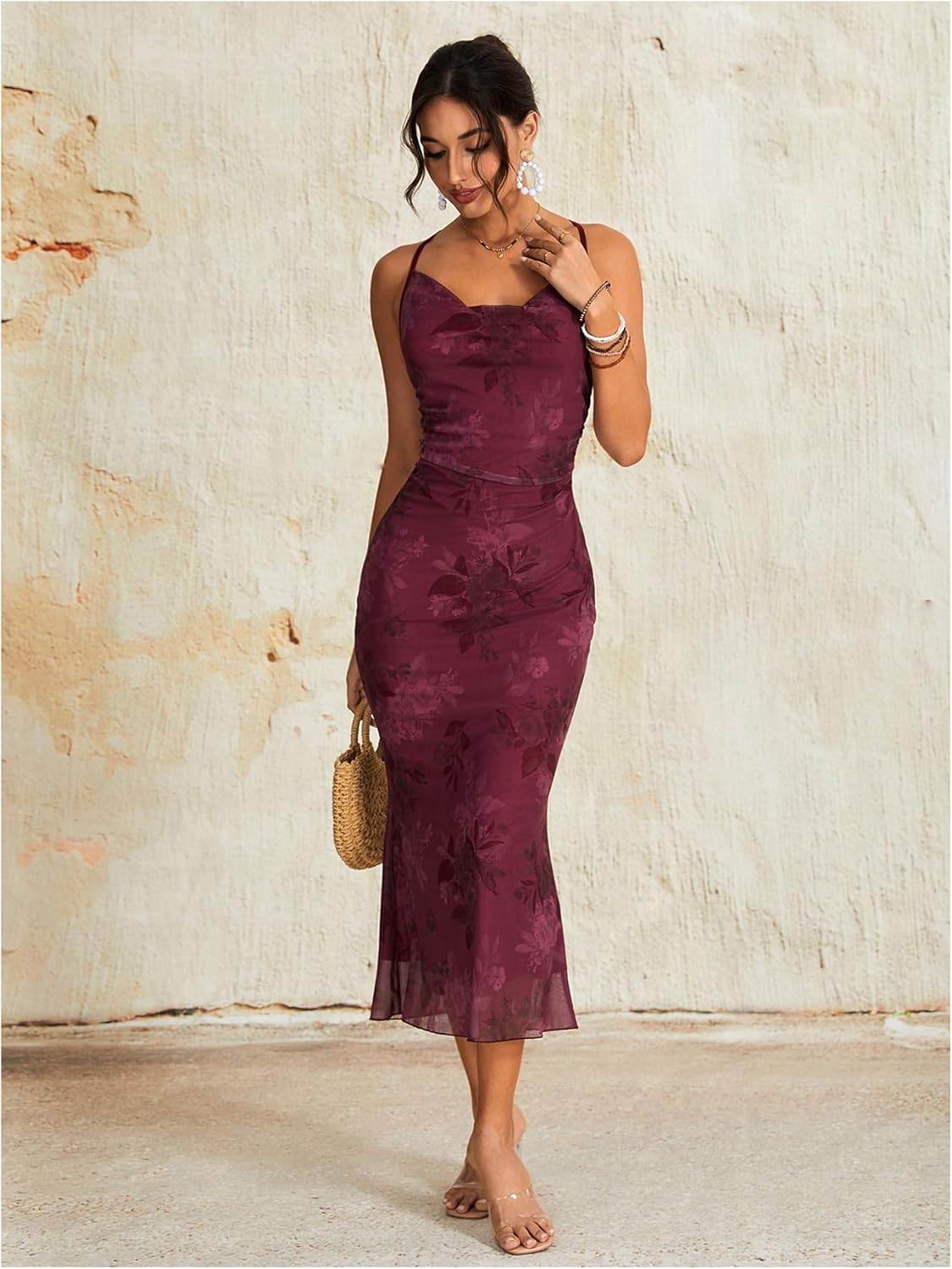 Milumia Women’s Floral Cowl Neck Bodycon Maxi Dress Mesh Long Dresses Cocktail Party Fall 2025