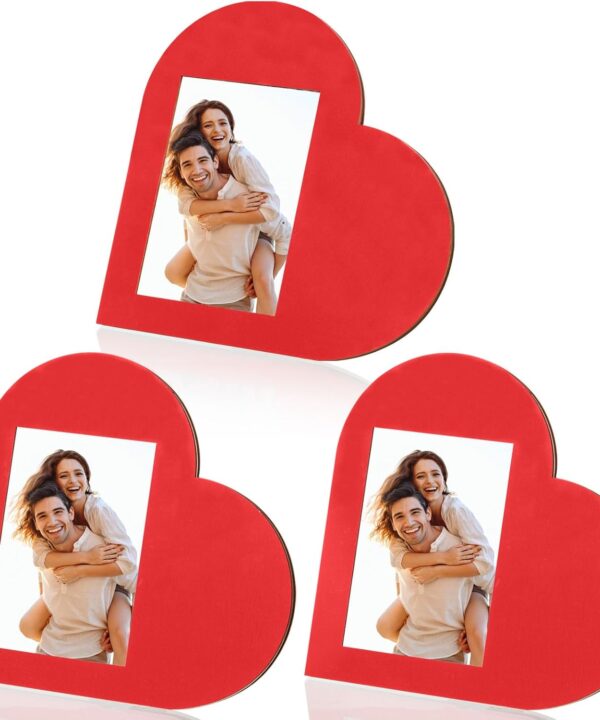 FOBSME 3 Pcs Heart Wooden Picture Frames 4 x 6 Inch Heart Shaped Photo Frame Valentine's Wooden Photo Frame Decorative Postcard Frame for Valentine Wedding Home Tabletop Shelf Decor(Red)
