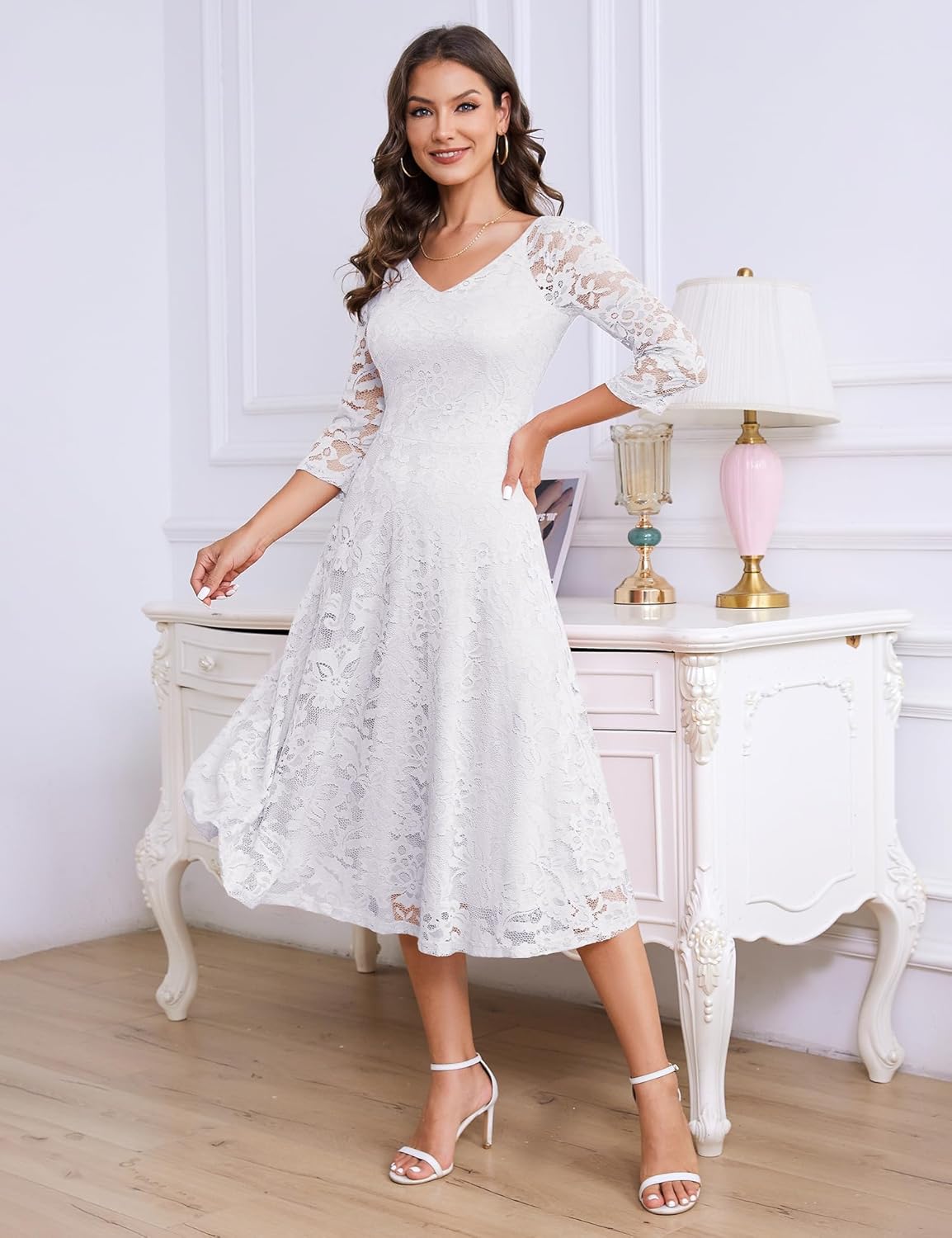 Dressystar Womens Long-Sleeve Wedding Guest Dress A-Line Lace Formal Party Cocktail Midi Dress Prom Gown
