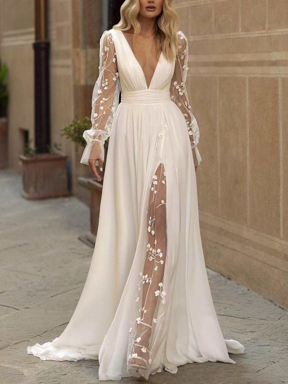 Long Sleeves Wedding Dresses for Bride Lace Chiffon A Line Long Beach Bridal Dress for Women