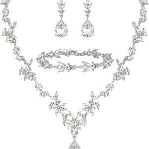 BriLove Wedding Jewelry Set for Women Bride, Y-Necklace Tennis Bracelet Dangle Earrings Crystal Teardrop Marquise Cluster for Bridal Bridesmaid