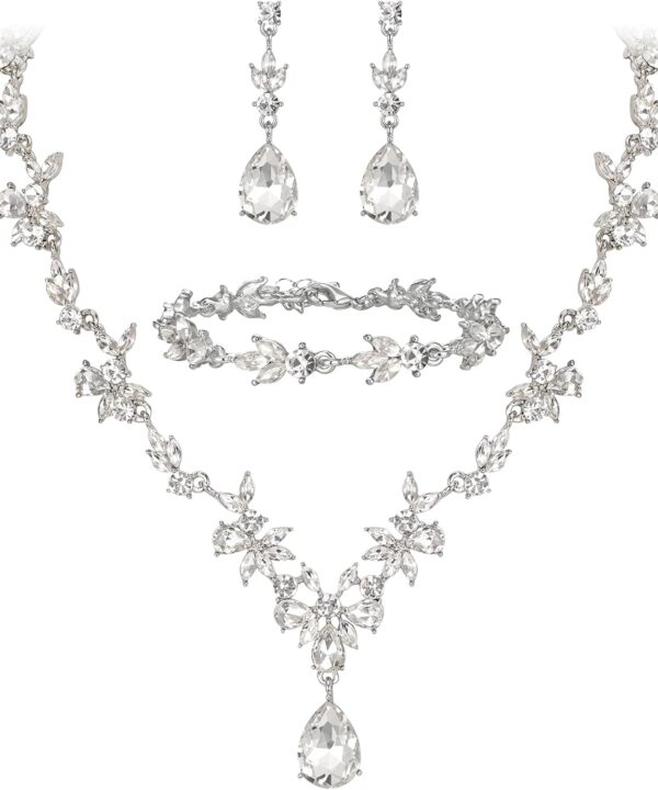 BriLove Wedding Jewelry Set for Women Bride, Y-Necklace Tennis Bracelet Dangle Earrings Crystal Teardrop Marquise Cluster for Bridal Bridesmaid