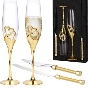 4 Piece Champagne Flutes and Cake Knife Server Set, Bride & Groom Toasting Flutes with Cake Cutting Set, Diamond Champagne Glasses Set for Wedding Reception or Anniversary Party, House Warming, Gold