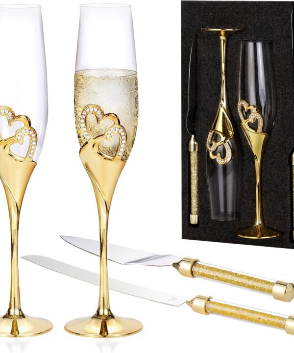 4 Piece Champagne Flutes and Cake Knife Server Set, Bride & Groom Toasting Flutes with Cake Cutting Set, Diamond Champagne Glasses Set for Wedding Reception or Anniversary Party, House Warming, Gold