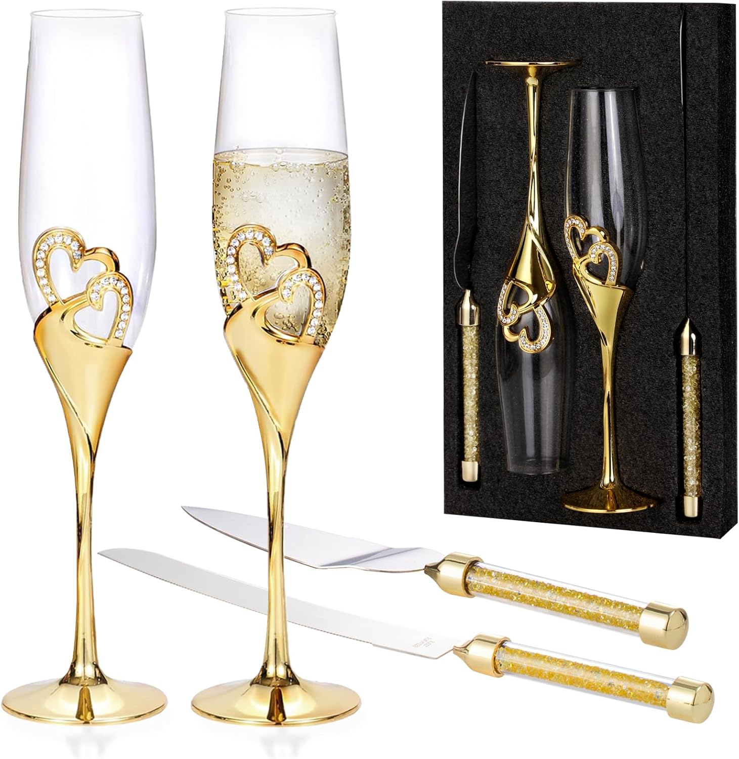 4 Piece Champagne Flutes and Cake Knife Server Set, Bride & Groom Toasting Flutes with Cake Cutting Set, Diamond Champagne Glasses Set for Wedding Reception or Anniversary Party, House Warming, Gold