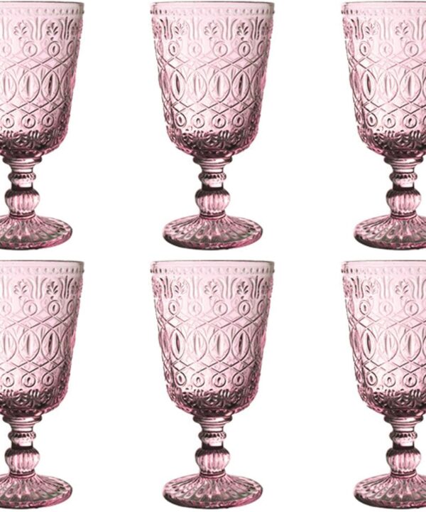 Vintage Glassware Purple Water Goblets Drinking Colored Wine Glasses set of 6 Pink Embossed Drinkware Stemware 10 oz for Wedding Party Bar Christmas