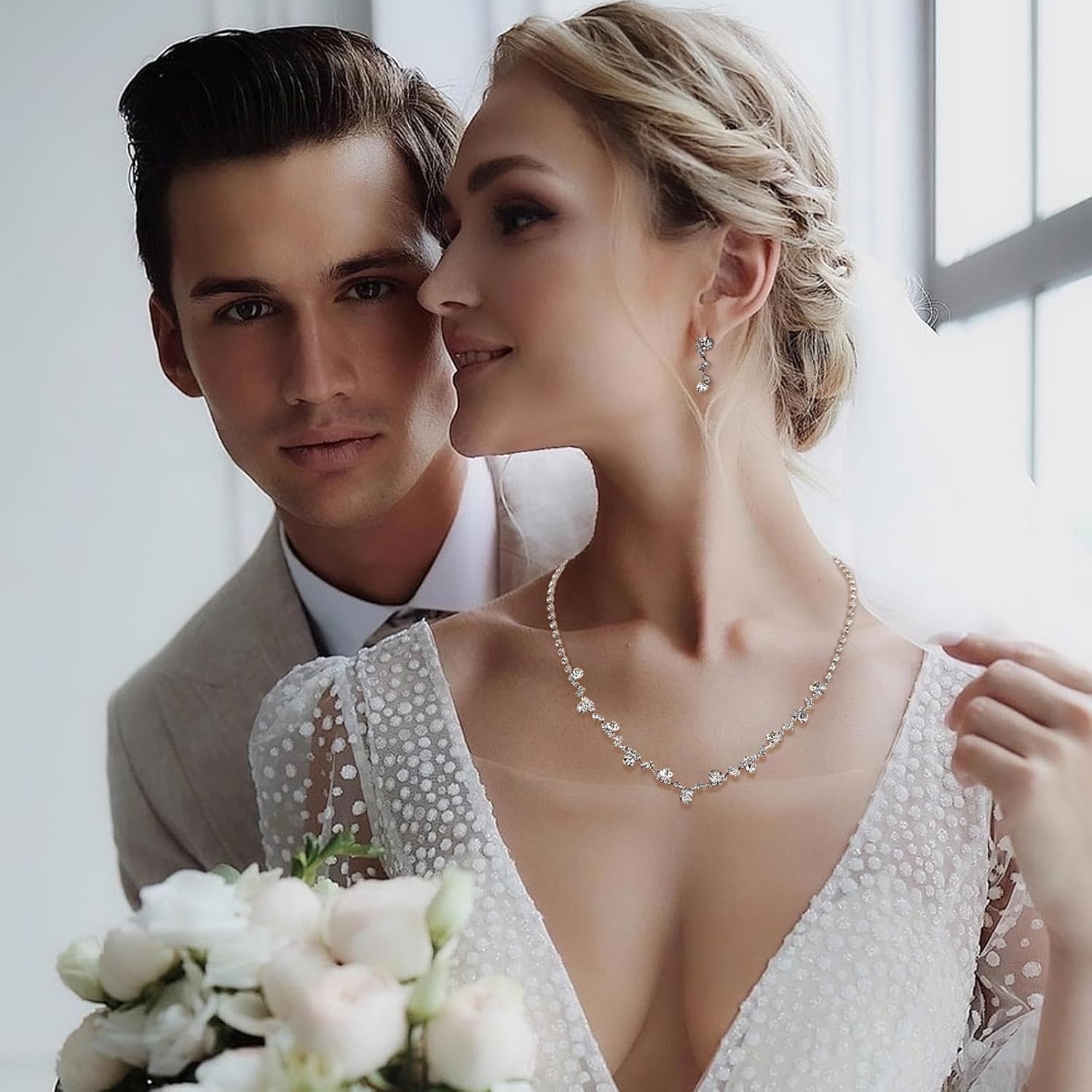 Jstyle Silver Bridal Wedding Jewelry Set Crystal Necklace Bracelet Dangle Earrings Set for Bride Bridesmaid Rhinestone Necklace Prom Costume Jewelry Set Accessories for Women