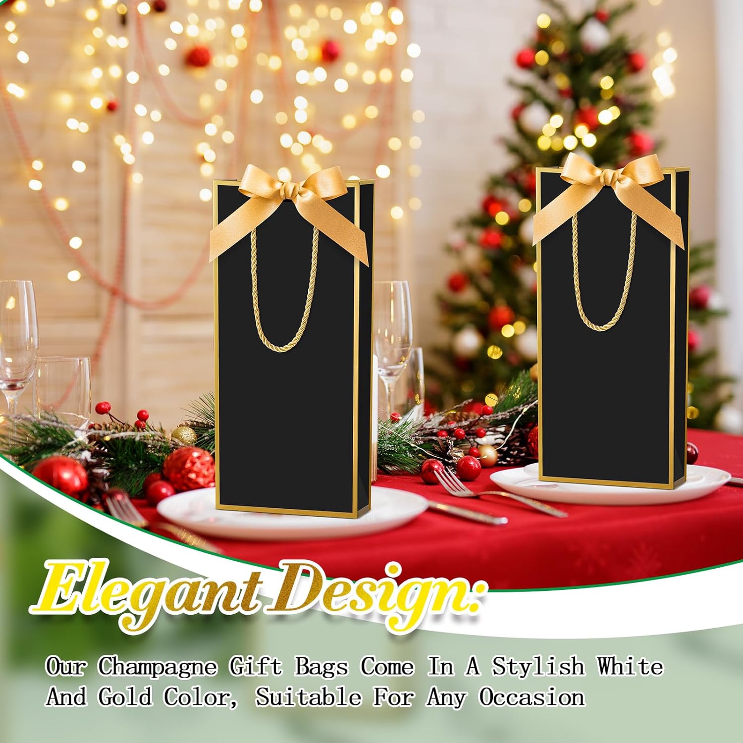 Engrowtic 24 Pcs Wine Gift Bag with Ribbon Bow Reusable Liquor Bag with Foil Print Elegant Thank You Gift for Christmas Valentine Wedding Shower Birthday Holiday (Black Gold)