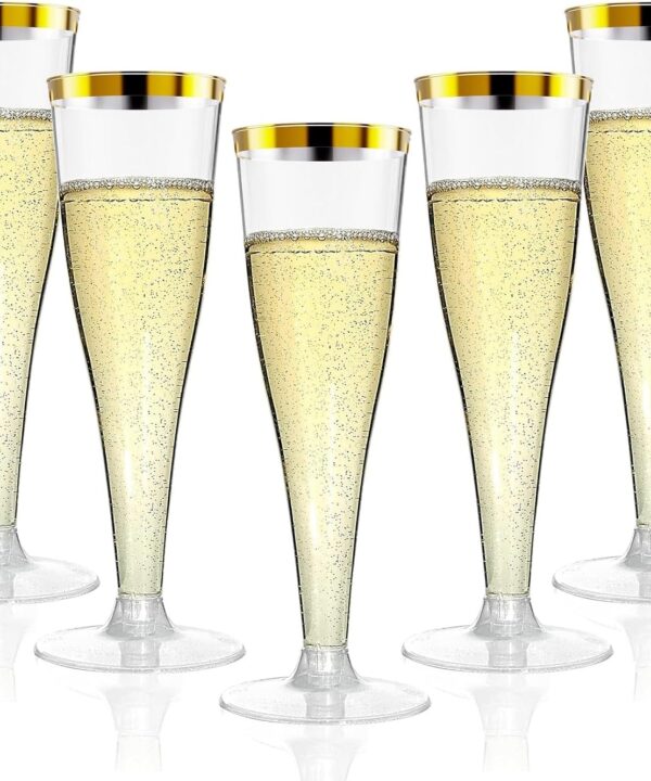 200 Pack Champagne Flutes Plastic Wine Glasses Disposable, 4.5 Oz Gold Rim Mimosa Glasses for 2025 Engagement Wedding Birthday New Years Eve Xmas Party Supplies, Bulk Toasting Cocktail Cups