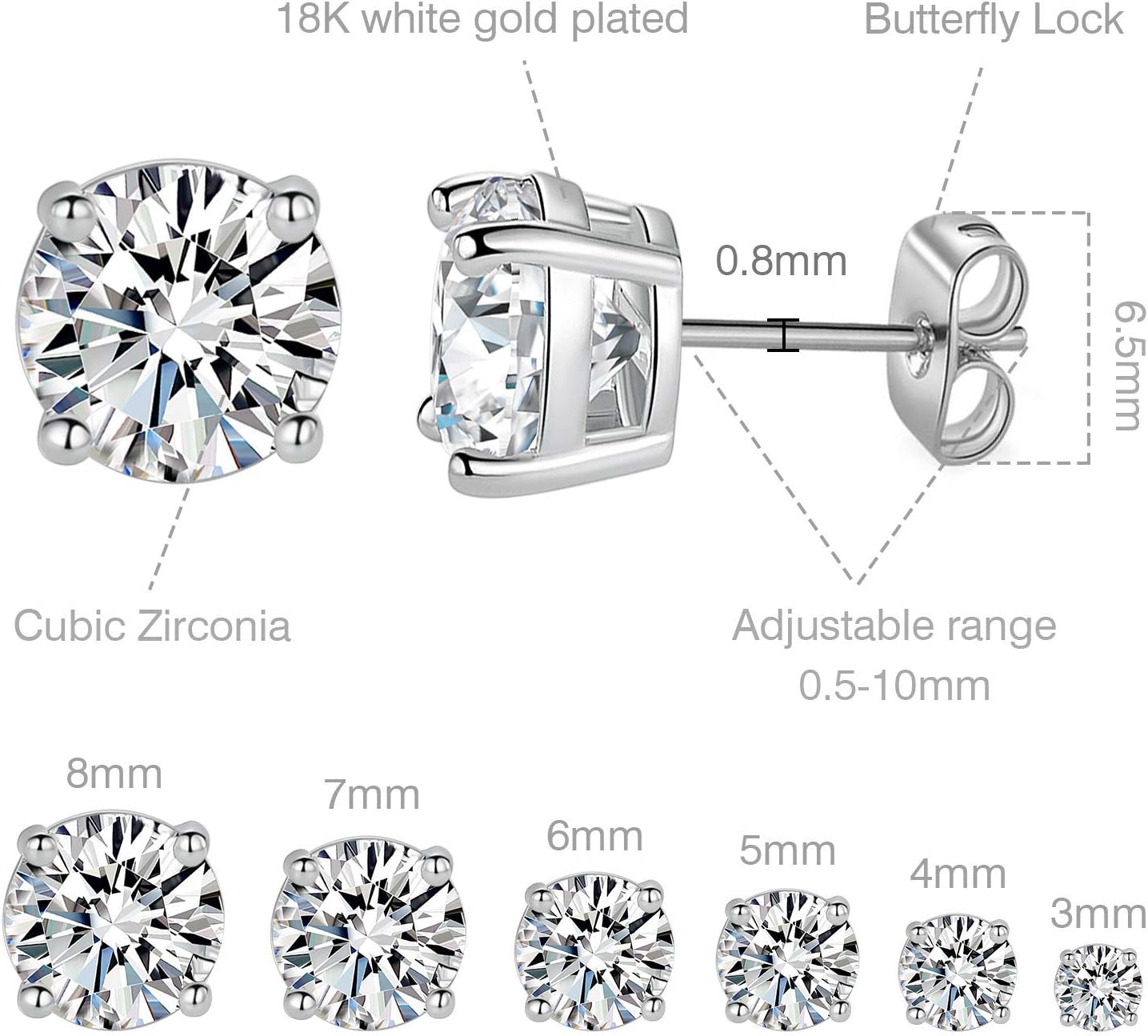 18K White Gold Plated 4 Pong Round Clear Cubic Zirconia Stud Earring Pack of 6 Pairs (6 Pairs)