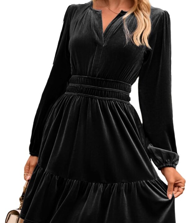 Simplee Womens Velvet Dress 2025 Fall Cocktail Long Sleeve Empire V Neck Wedding Guest Holiday Mini Dresses with Pockets