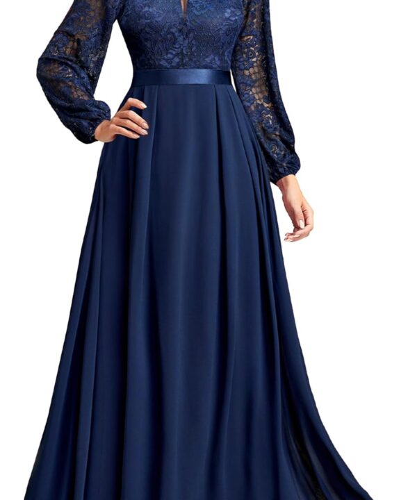 Miusol Women's Wedding Guest A-Line Dress Floral Lace Deep V Neck Long Sleeve Formal Evening Gown