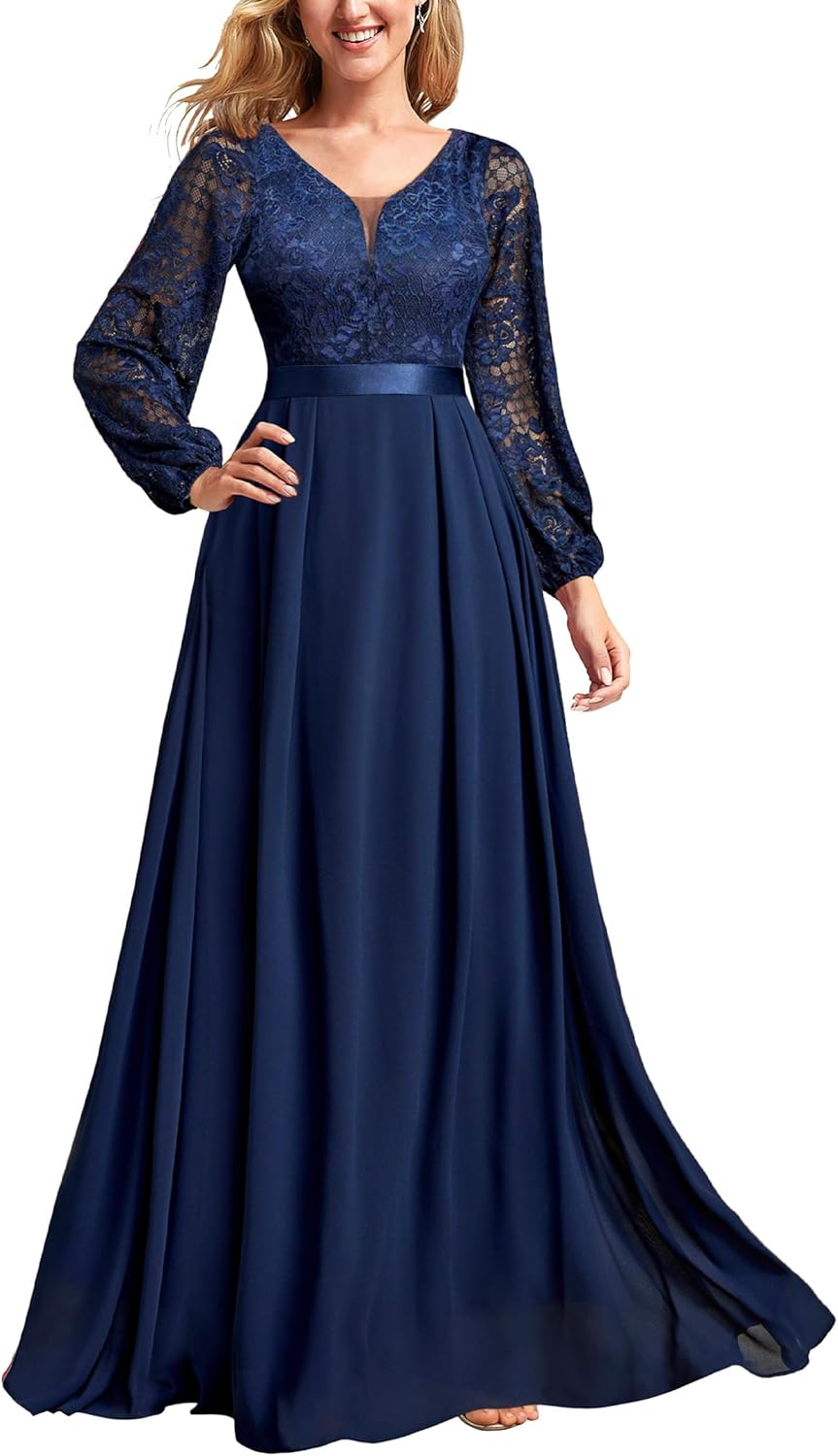 Miusol Women's Wedding Guest A-Line Dress Floral Lace Deep V Neck Long Sleeve Formal Evening Gown