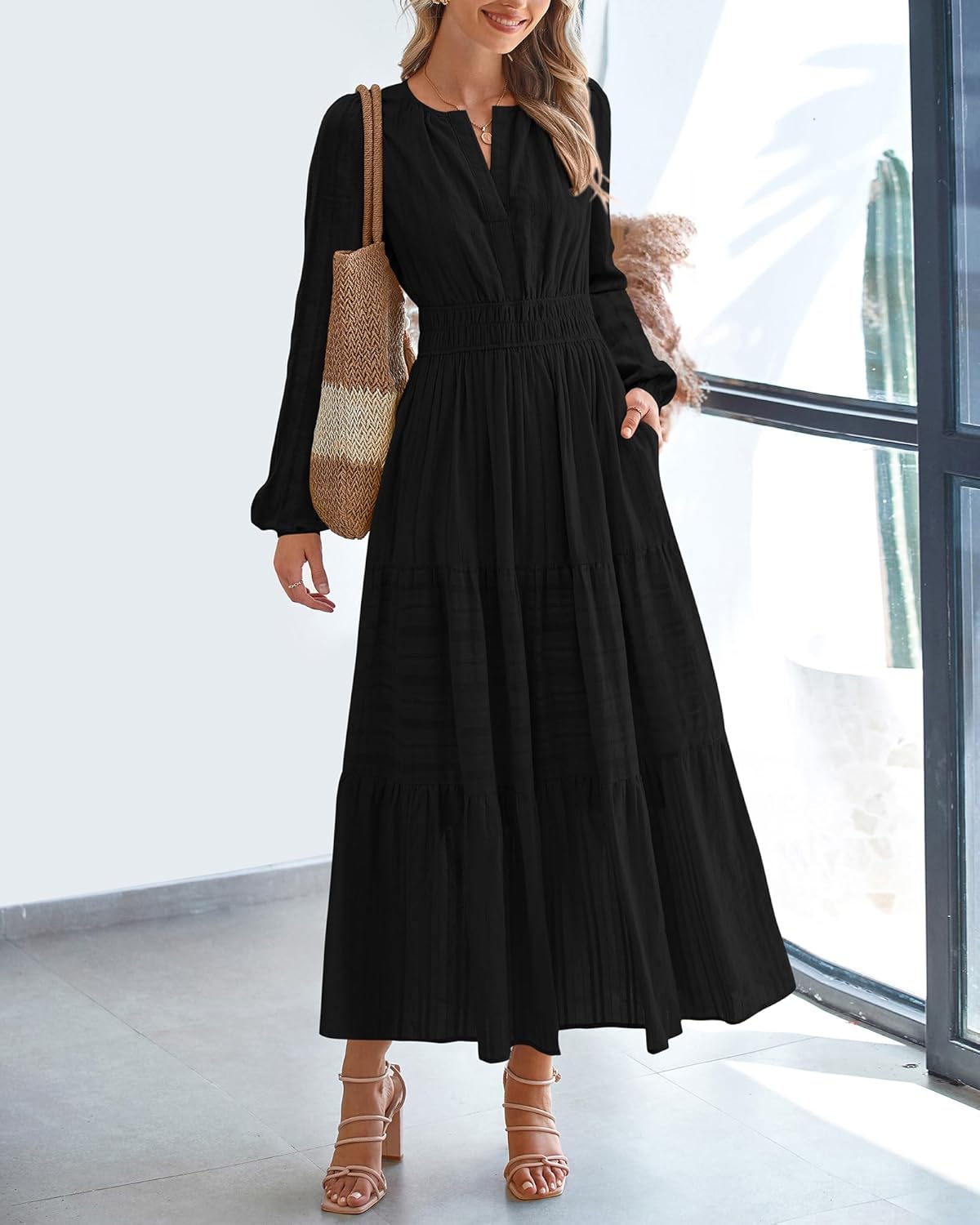 BTFBM Fall Dresses for Women 2025 Casual Long Sleeve V Neck Elastic Waist Lightweight Maxi Wedding Guest Dress Pockets