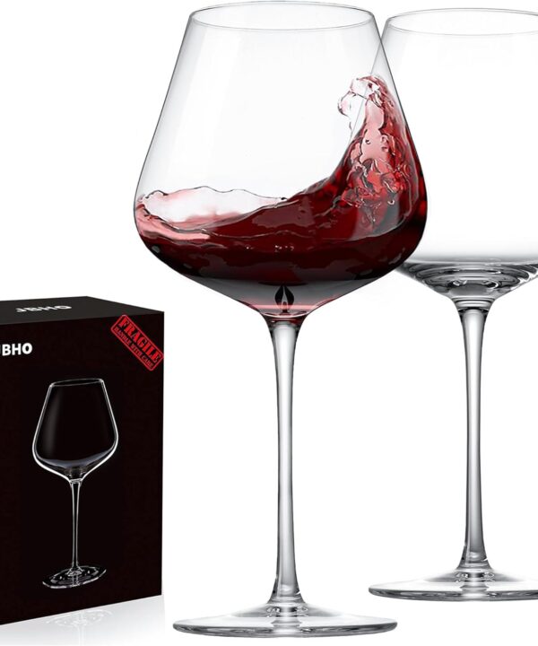JBHO Hand Blown Italian Style Crystal Burgundy Wine Glasses - Lead-Free Premium Crystal Clear Glass - Set of 2-21 Ounce - Gift-Box for any Occasion
