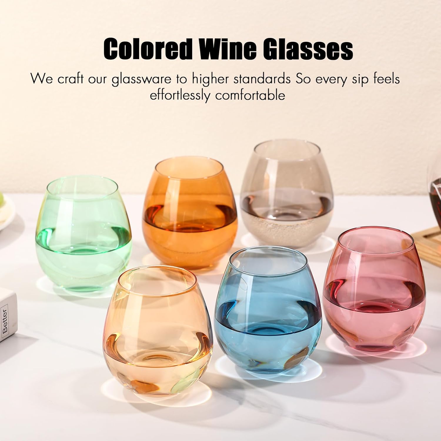 Colored Stemless Wine Glasses Set of 6-15 oz Hand-Blown Crystal Colored Glassware, Multicolor Drinking Glasses, Wedding, Birthday, Christmas, Housewarming Gifts for Women