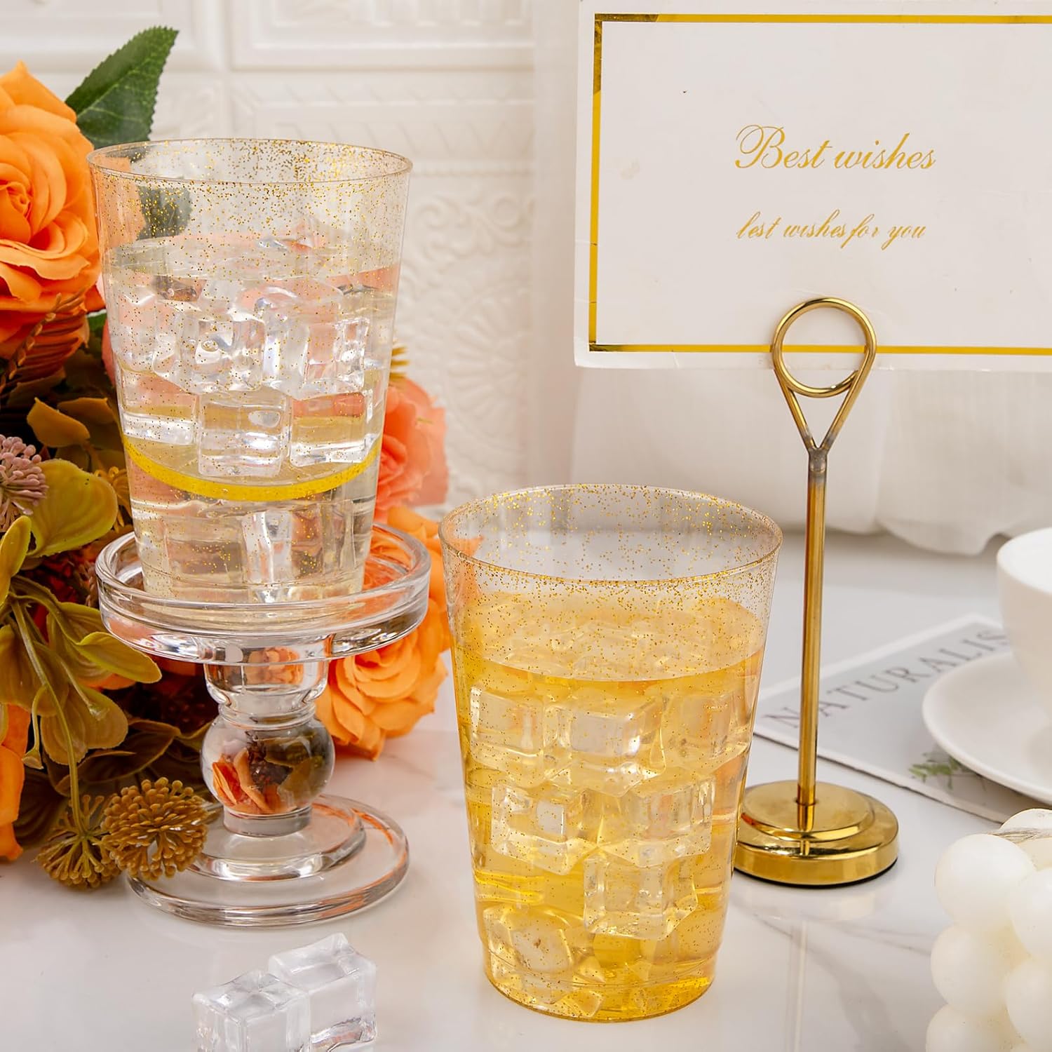 I00000 200 Pack 12 oz Gold Glitter Plastic Cups, Clear Disposable Cups, Disposable Plastic Wine Glasses Cocktail Glasses Premium Cups, 12 Ounce Glitter Tumblers for Party & Wedding