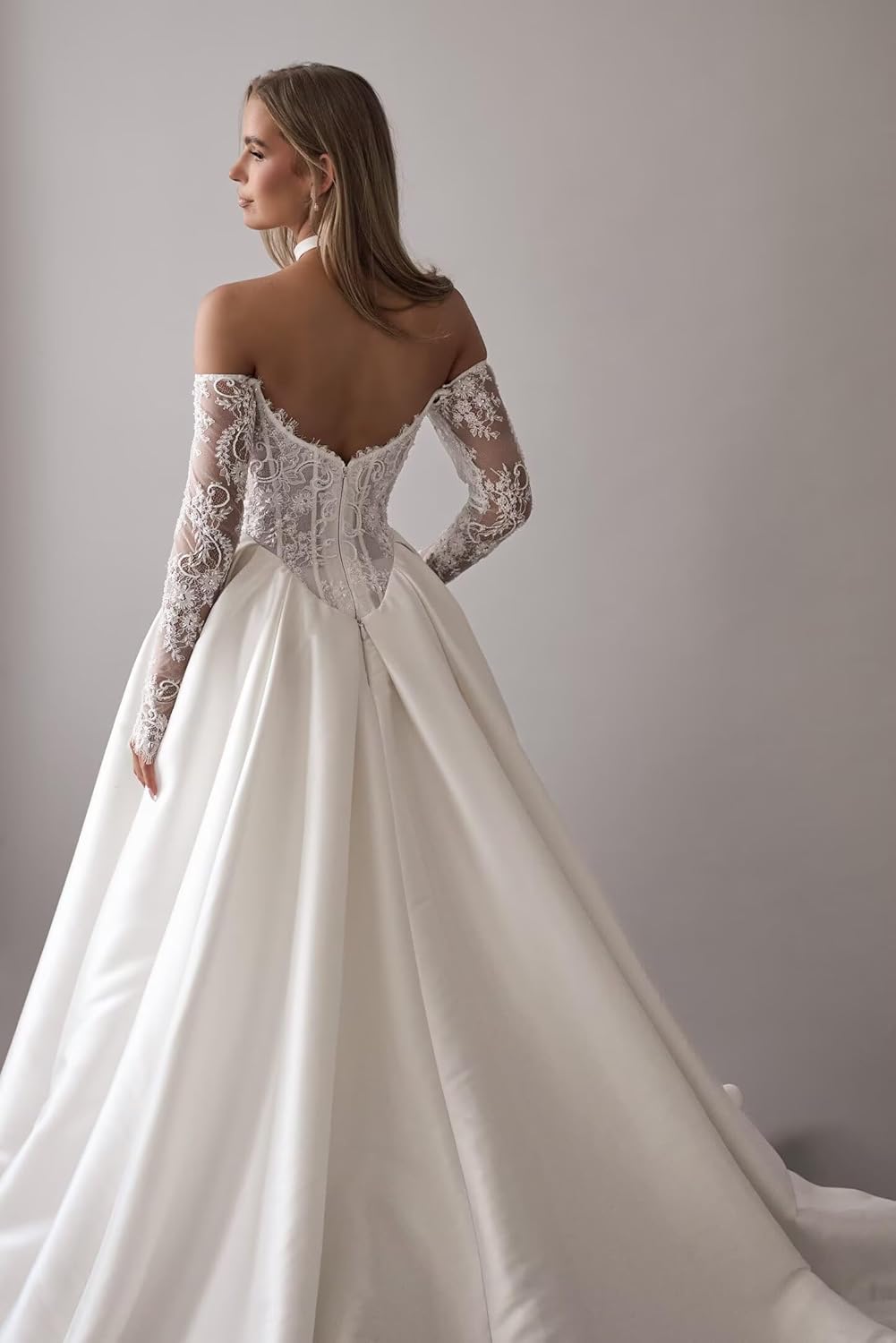 Zeeyecie Off The Shoulder Long Sleeve Satin Wedding Dresses A-Line Beaded Lace Applique Sparkly Bridal Gowns for Brides