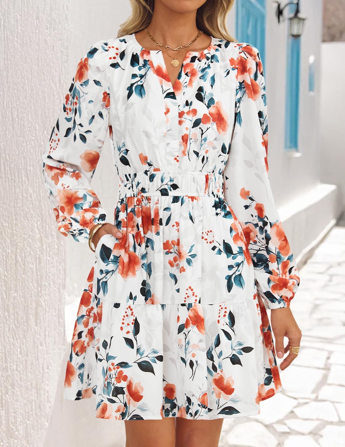 ZESICA Fall Wedding Guest Dresses for Women 2025 Casual Long Sleeve Floral Boho V Neck A-Line Mini Dress with Pockets