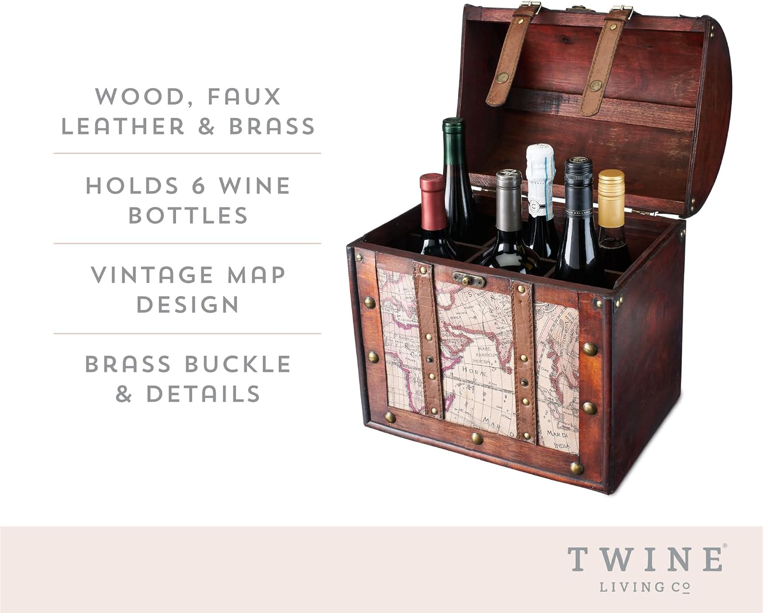 Twine Old World 6 Wooden Wine Bottle Gift Box – Wine Decorative Storage Box with Lid and Handle, Wine Accessory Sets, Wood, Faux Leather in Antique Map Design Liquor Gift Box