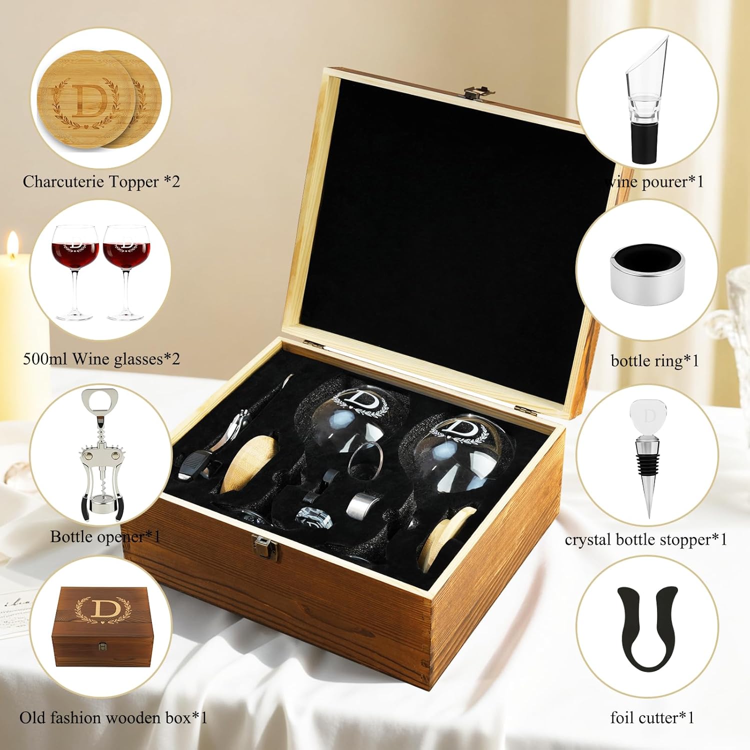 GZLDGIFTS Personalized Initial Wine Glasses Box Gift Set For Women Mom Engraved Birthday Monogrammed Wooden Christmas Gifts Wedding Anniversary Wine Couples Stopper Opener Initial Letterr (G Set)