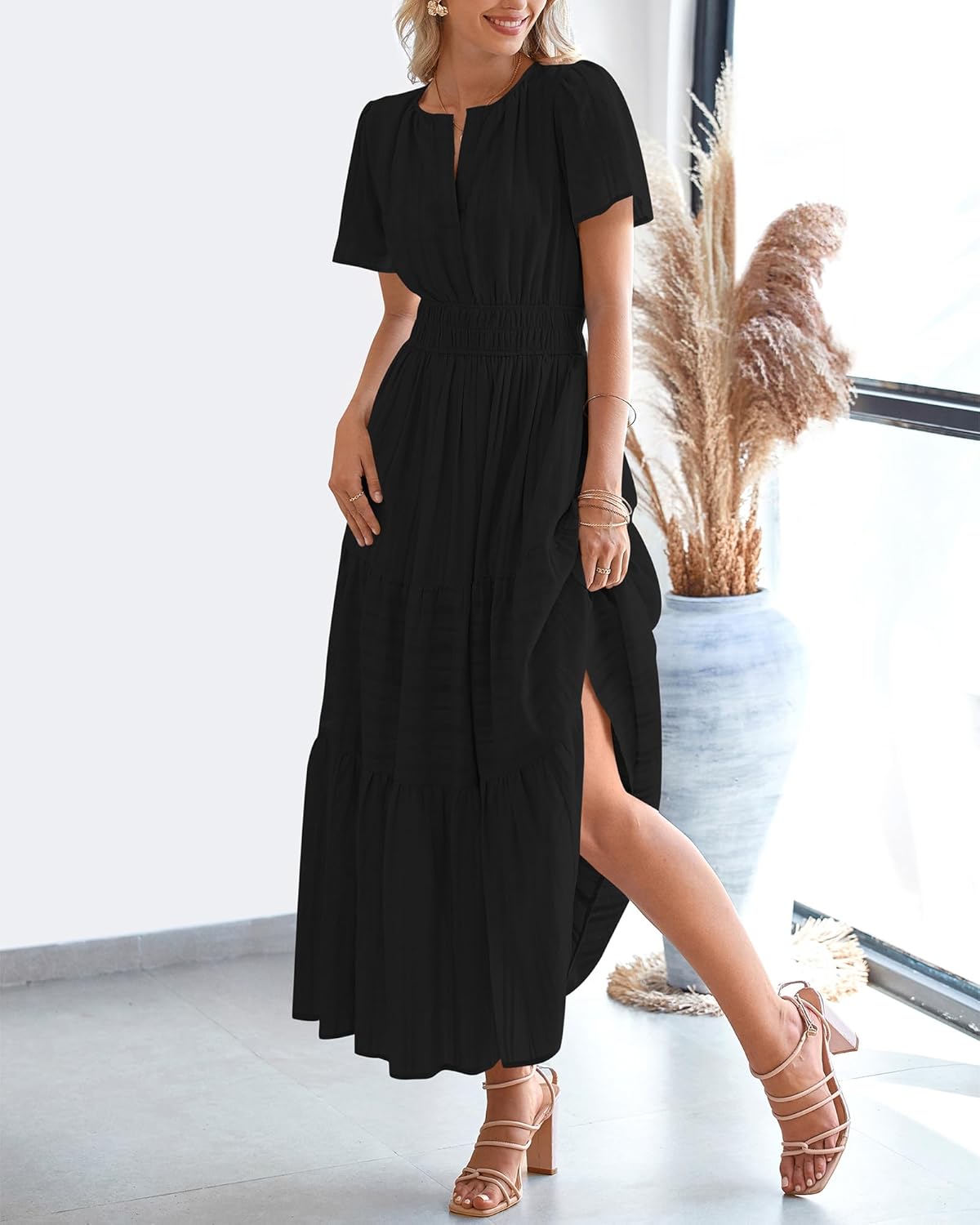 BTFBM Womens Summer 2025 Casual Midi Maxi Dresses Lightweight Short Sleeve V Neck Elastic Waist Boho Beach Dress Pockets
