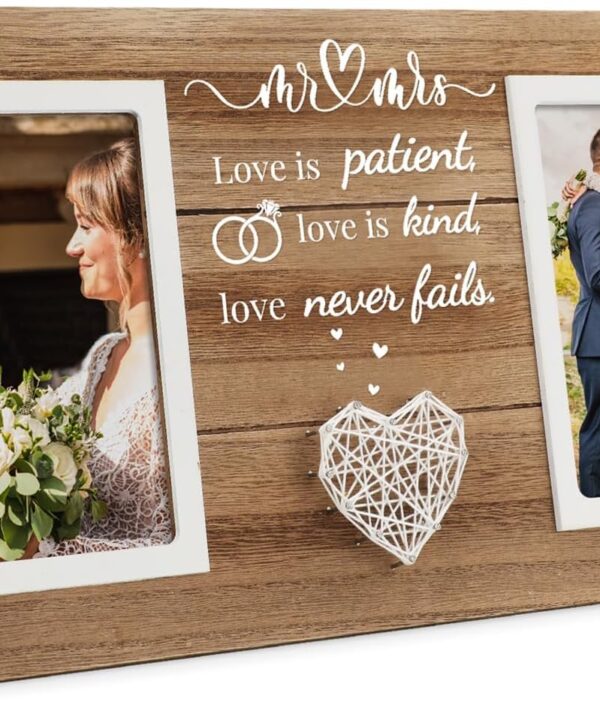 Wedding Gifts, Bridal Shower Gifts for Bride to Be, Wedding Picture Frame for Couple - Double 4x6 Pictures Frame - Wooden Couples Newlyweds Picture Frame with Heart (Mr Mrs)