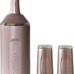 Vinglac Champagne Bottle Chiller Gift Set- Portable Stainless Steel Sparkling Wine Cooler with 2 Stemless Champagne Flutes, Rose Gold