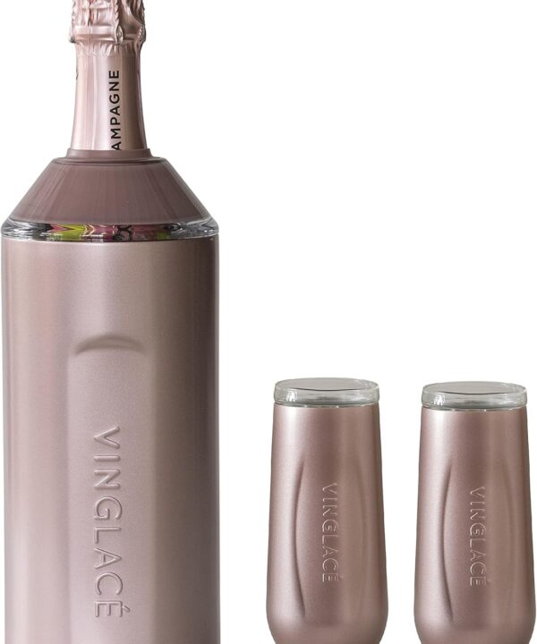 Vinglac Champagne Bottle Chiller Gift Set- Portable Stainless Steel Sparkling Wine Cooler with 2 Stemless Champagne Flutes, Rose Gold
