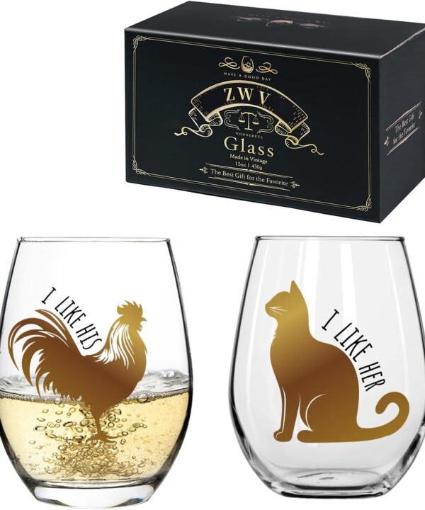 I Like His & Her Couples Wine Glasses - Chicken & Cat Enthusiasts Gifts for Women & Men - His & Hers Gift Idea for Anniversary, Wedding, Bridal Shower