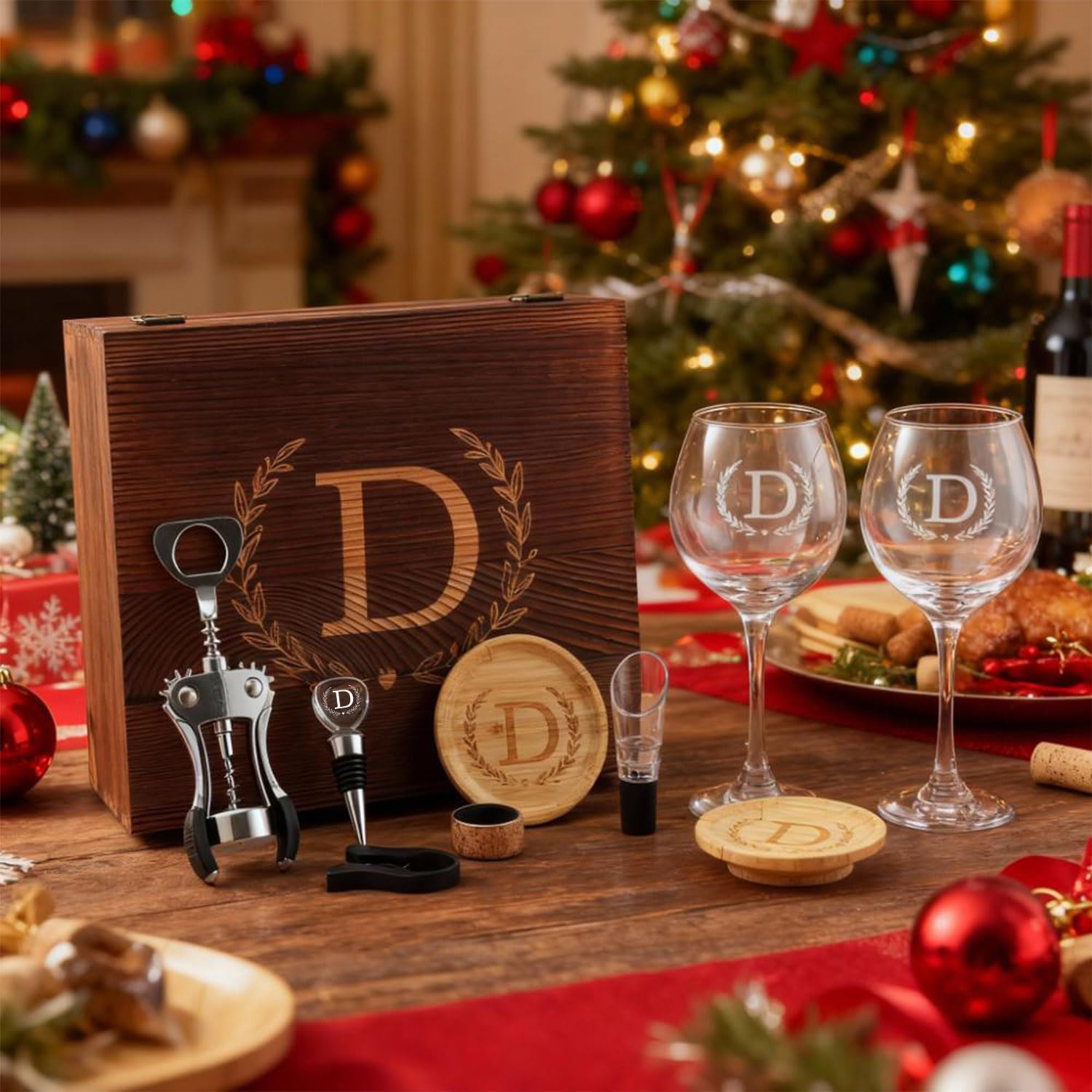 GZLDGIFTS Personalized Initial Wine Glasses Box Gift Set For Women Mom Engraved Birthday Monogrammed Wooden Christmas Gifts Wedding Anniversary Wine Couples Stopper Opener Initial Letterr (G Set)
