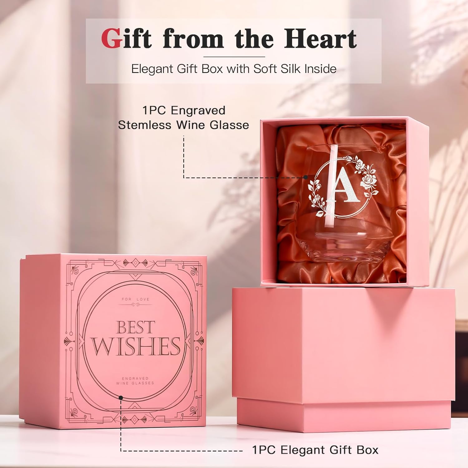 Personalized Stemless Wine Glass – Custom Engraved Monogrammed Initial Glasses,Bridal Shower, Birthday, Wedding, or Engagement Gift for Women Her-A