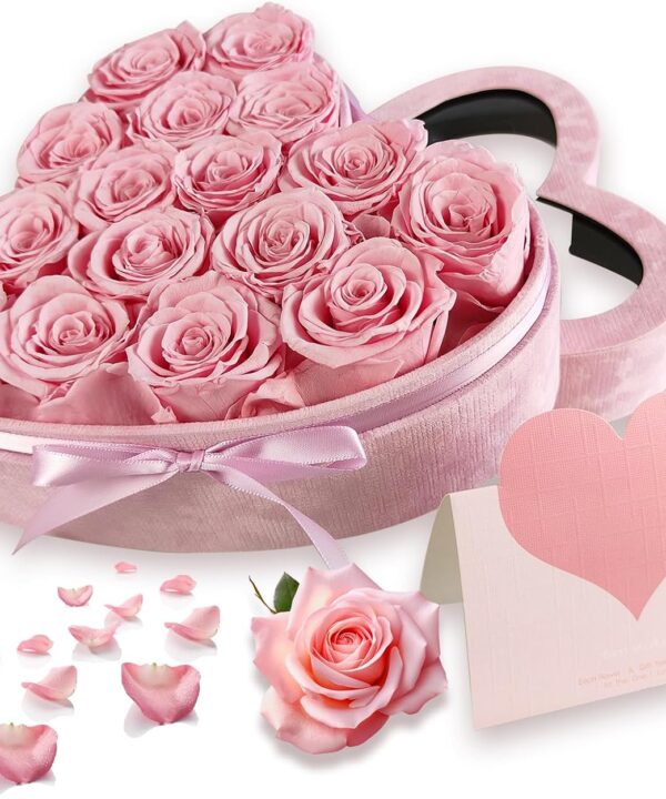 16-Piece Preserved Flower Real Rose in Luxury Suede Heart Shape Box, Birthday Gifts for Mom, Women, Wife, Prime Eternal Roses Gift for Mothers Day, Valentines, Anniversary, Wedding, Christmas