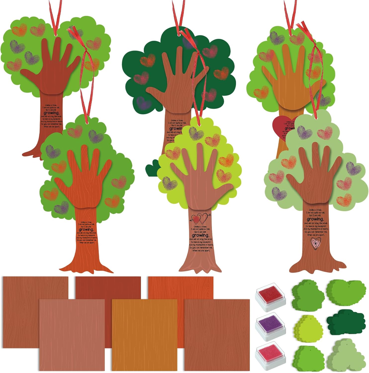 Menkxi 30 Set Valentine Tree Thumbprint Sign Craft Kit, DIY Poem Sign Craft for Art Project, Family Activity, Valentine‘s Day Decoration, 6 Styles