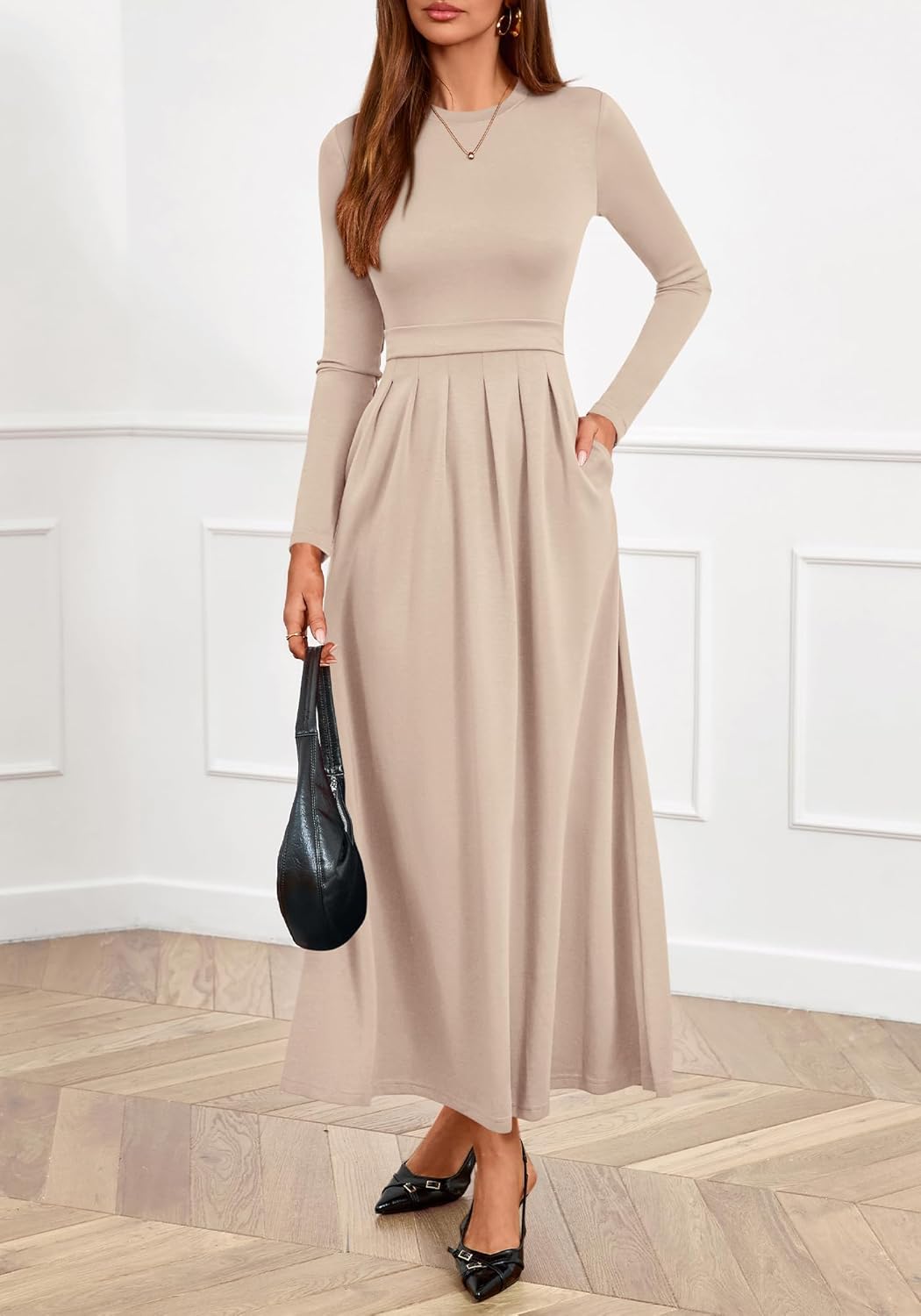 BTFBM Long Sleeve Dress for Women 2025 Winter Business Casual Clothes Pleated Fall Wedding Guest Dresses Pockets