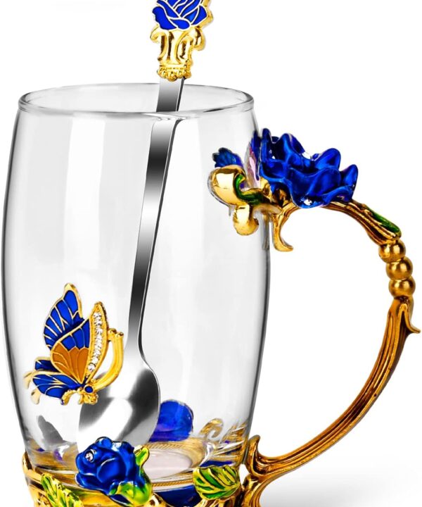 OEAGO Gifts for Mom Women Mothers Day Glass Coffee Enamels Mug Best Birthday Butterfly Rose Gifts for Her from Daughter Son Lead-Free Christmas Blue Tea Cup with Spoon Set