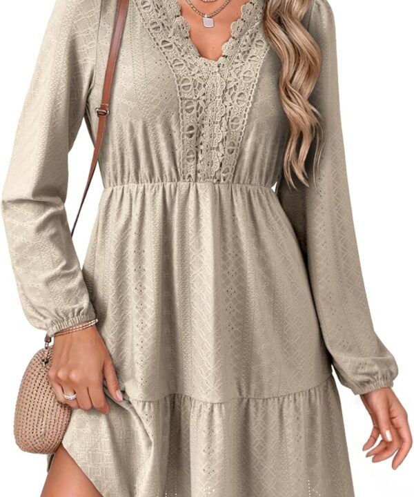 Dokotoo Fall Dresses for Women 2025 Elegant Lace Hollow Out Embroidered V Neck Long Sleeve Casual A-Line Swing Mini Dress