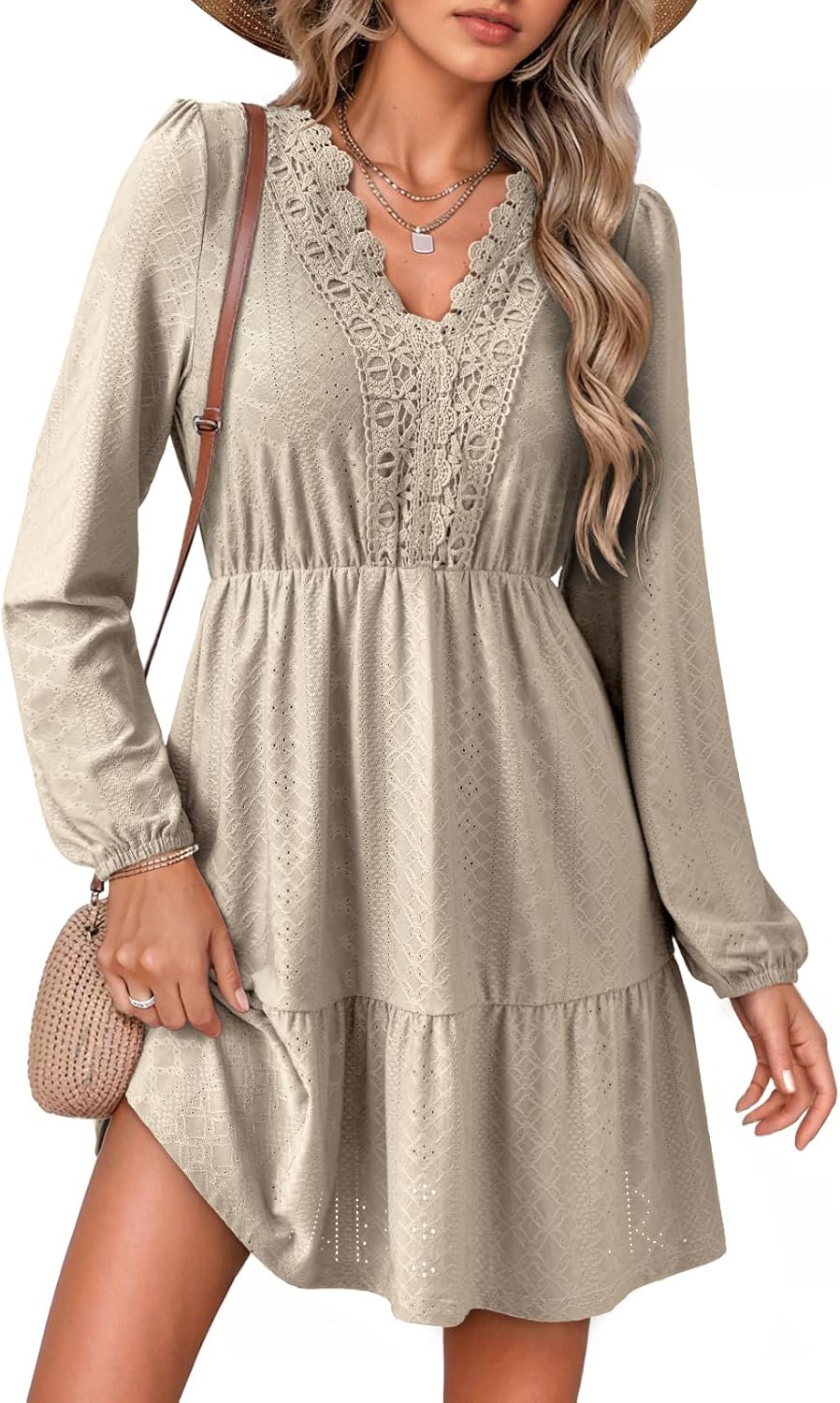 Dokotoo Fall Dresses for Women 2025 Elegant Lace Hollow Out Embroidered V Neck Long Sleeve Casual A-Line Swing Mini Dress