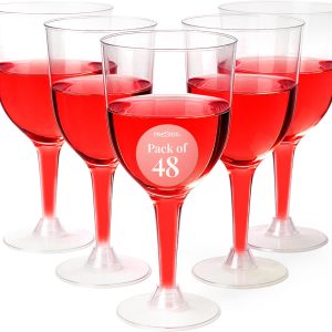 Prestee Stemmed Disposable Wine Glasses - 10 oz Clear Plastic Wine Glasses BPA-Free - Easy Assembly for Parties Weddings Picnics - Durable and Sturdy Wine Plastic Cups - 48 Pack