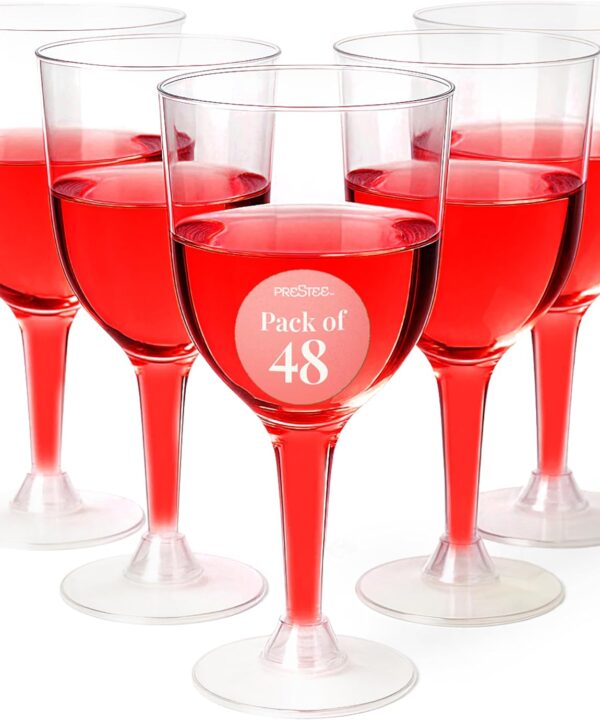 Prestee Stemmed Disposable Wine Glasses - 10 oz Clear Plastic Wine Glasses BPA-Free - Easy Assembly for Parties Weddings Picnics - Durable and Sturdy Wine Plastic Cups - 48 Pack