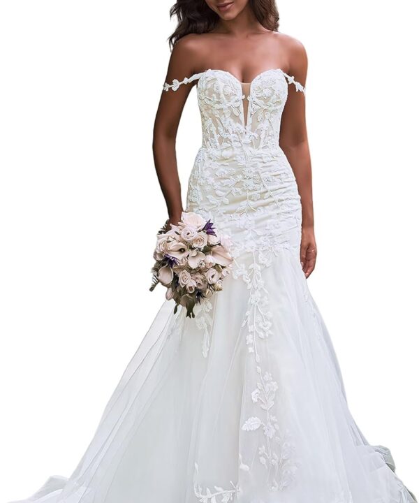 Tulle Mermaid Wedding Dress for Bride 2025 Off Shoulder Lace Applique Sweetheart Bridal Gowns with Train