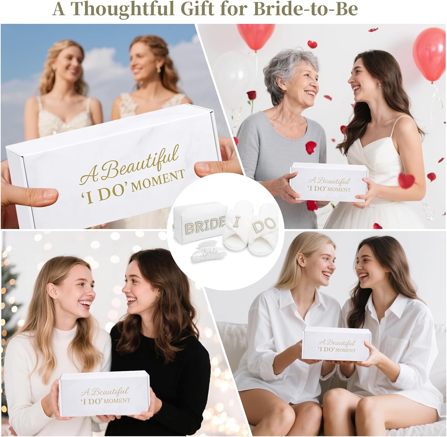 Bridal Shower Gifts, Bride To Be Gift Set, Wedding Gifts for Bride, Bachelorette Gifts for Bride, Engagement Gift for Her, Bachelor Party Christmas Gifts, Makeup Bag, I DO Slippers, Hair Clip