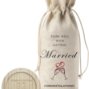 Burlap Wine Bags With Drawstrings & Wood Coaster-Pairs Well With Getting Married-Congratulations Bottle Bags For Bride & Groom-Reusable Wine Gift Bags For Bridal Shower Wedding Party Favors-A10