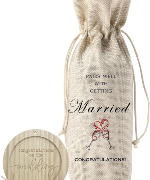 Burlap Wine Bags With Drawstrings & Wood Coaster-Pairs Well With Getting Married-Congratulations Bottle Bags For Bride & Groom-Reusable Wine Gift Bags For Bridal Shower Wedding Party Favors-A10