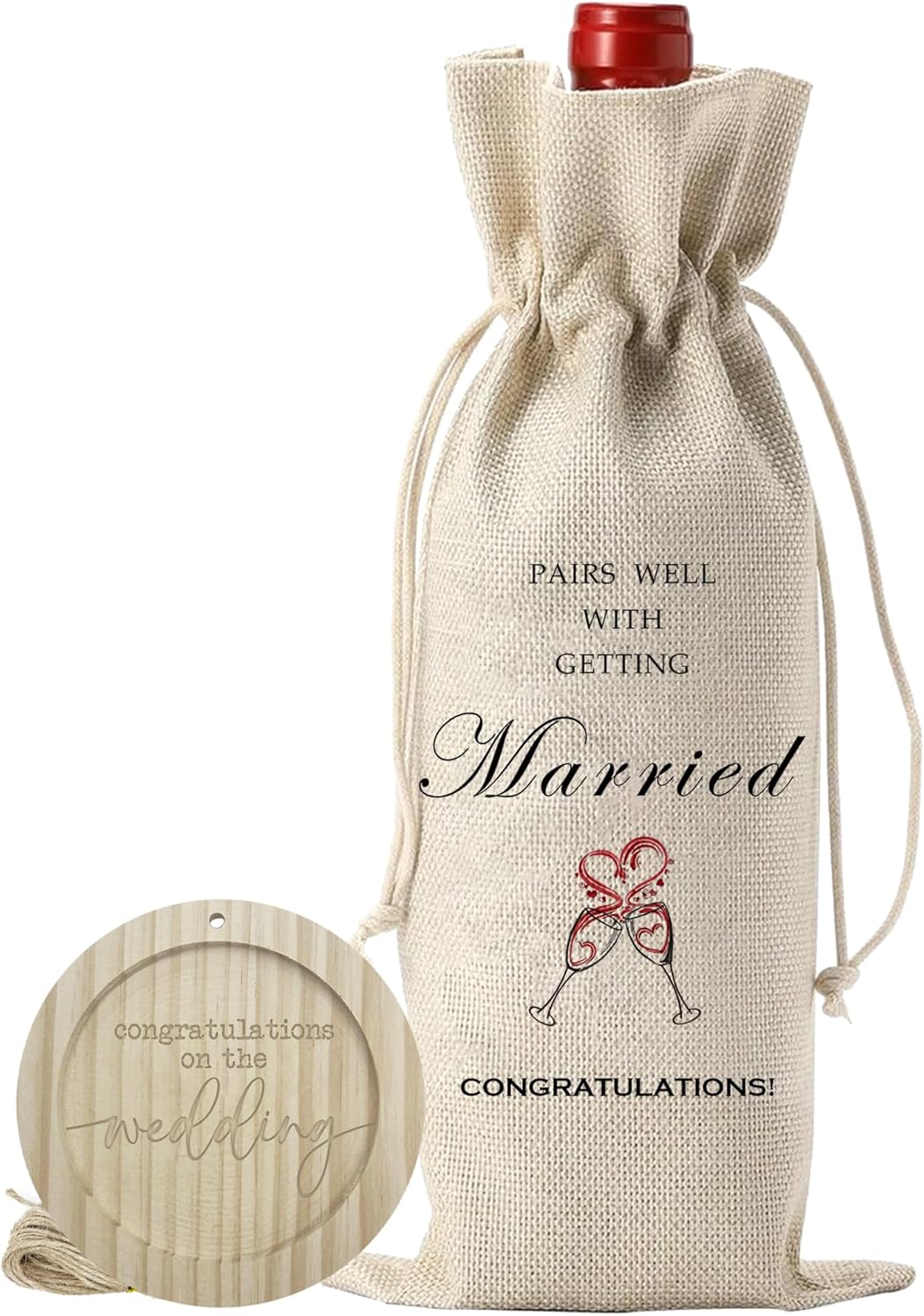 Burlap Wine Bags With Drawstrings & Wood Coaster-Pairs Well With Getting Married-Congratulations Bottle Bags For Bride & Groom-Reusable Wine Gift Bags For Bridal Shower Wedding Party Favors-A10