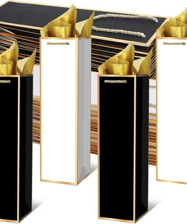 Ovveroche 50 Pack Wine Gift Bag with Handles and Tissue Paper Wine Bottle Gift Bags for Holiday Birthday Wedding Graduations Father's Day Party, Black+White