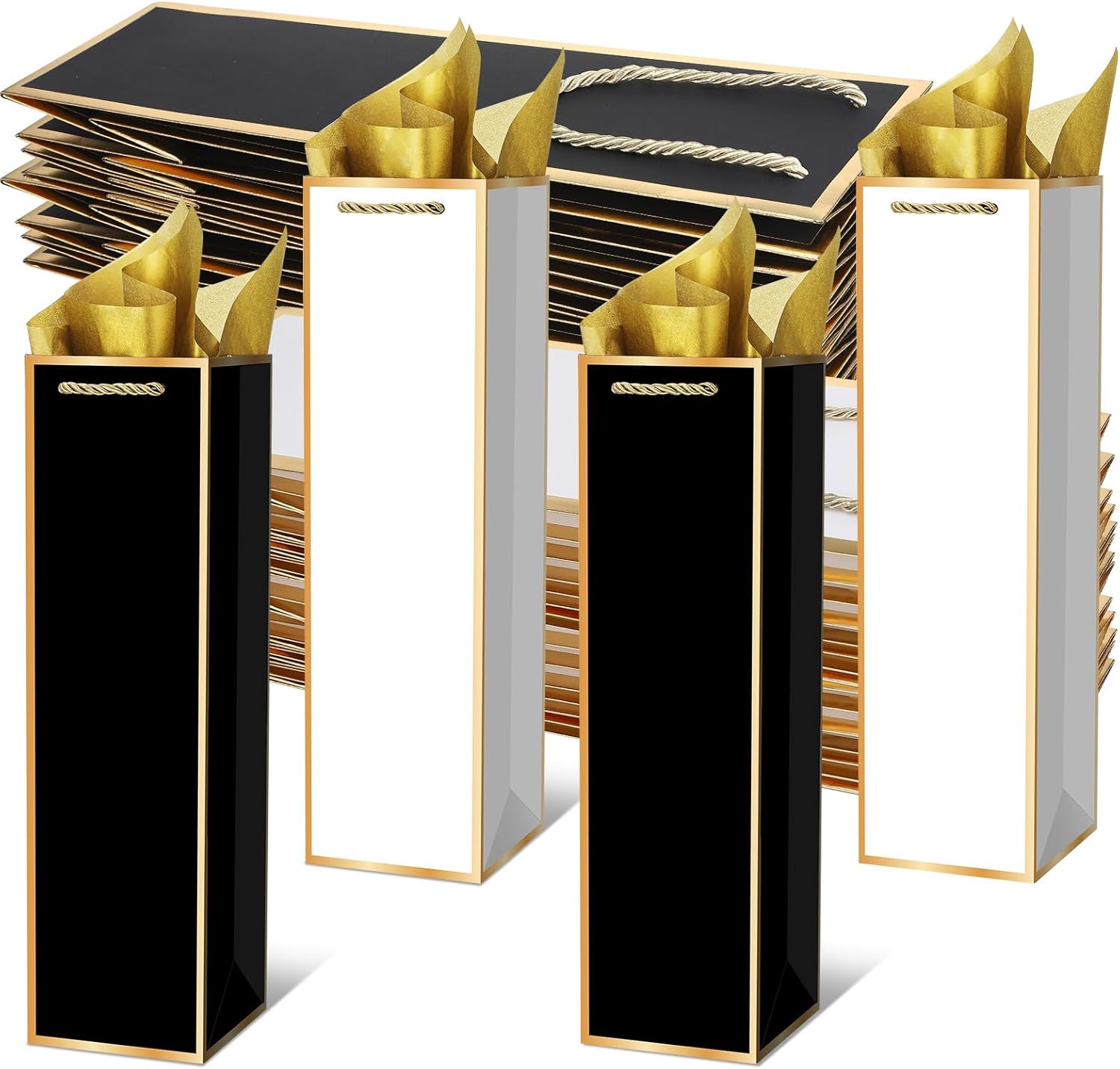 Ovveroche 50 Pack Wine Gift Bag with Handles and Tissue Paper Wine Bottle Gift Bags for Holiday Birthday Wedding Graduations Father's Day Party, Black+White