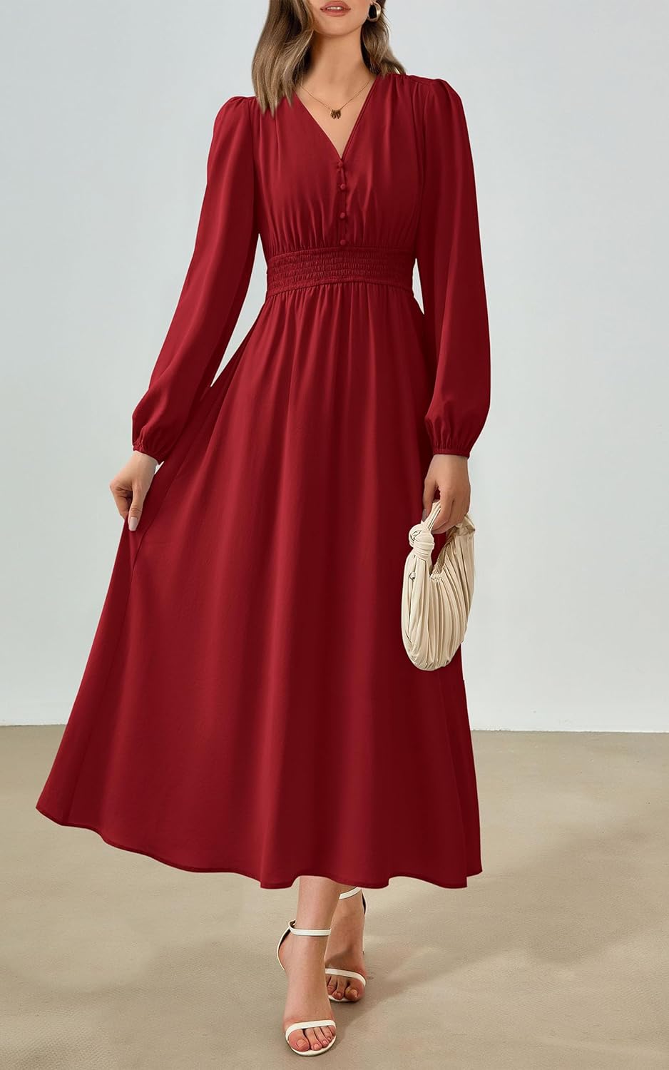 PRETTYGARDEN Womens Long Sleeve Maxi Dress 2025 Fall Trendy Elegant V Neck Flowy Wedding Guest Holiday Formal Long Dresses