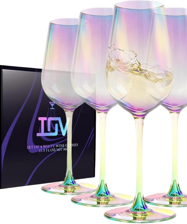 IOV White Wine Glasses Set of 4, Modern Crystal Wine Glass with Long Stem, Hand Blown Rainbow Glasses 13.8oz, Perfect for Red or White, Daily Use, Unique Wedding Anniversary or Birthday Gift